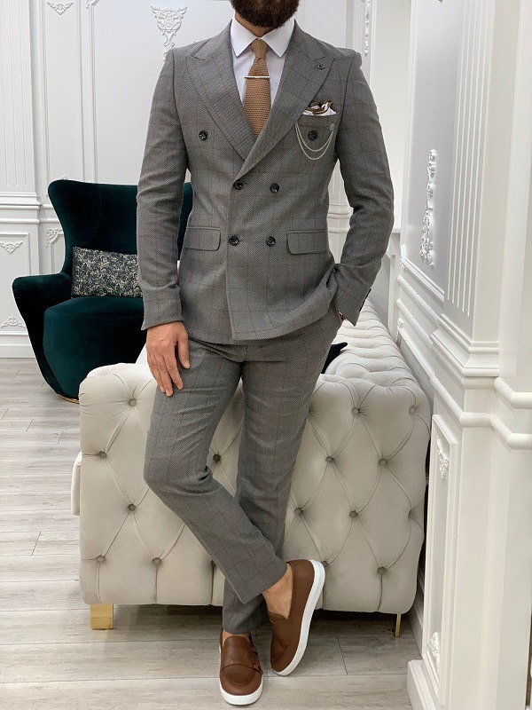 Light Gray Slim Fit Double Breasted Plaid Suit