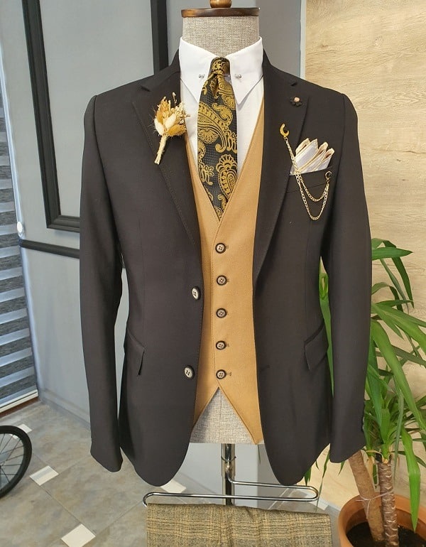 Black Beige Slim Fit Notch Lapel Linen Suit