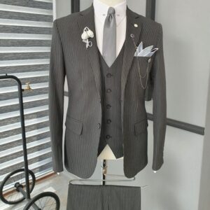 Black Slim Fit Notch Lapel Striped Suit