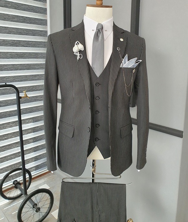 Black Slim Fit Notch Lapel Striped Suit