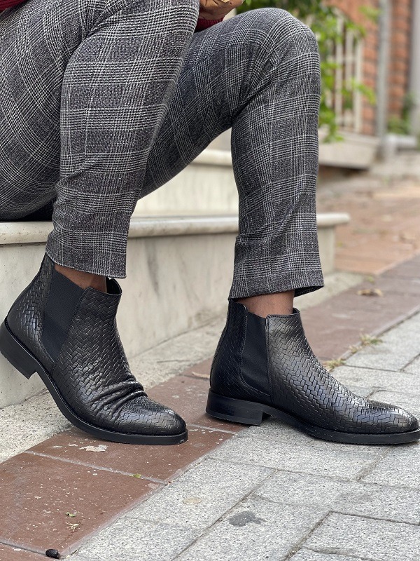 Aysoti Sohillsfort Black Woven Leather Chelsea Boots