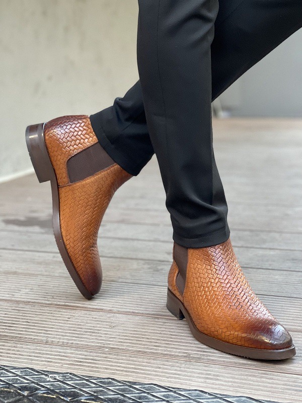 Aysoti Sohillsfort Brown Woven Leather Chelsea Boots