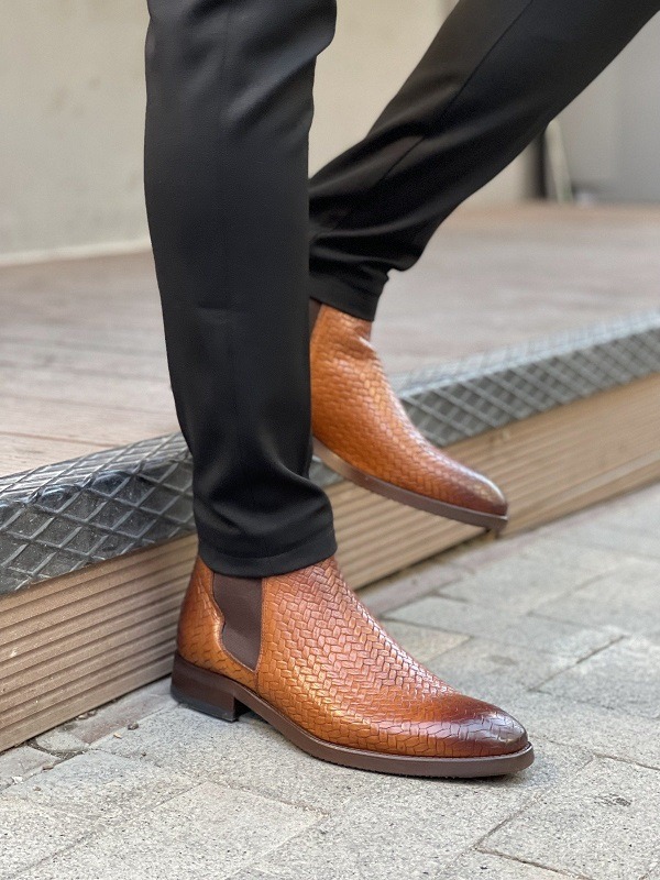 Aysoti Sohillsfort Brown Woven Leather Chelsea Boots