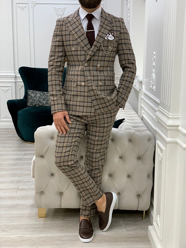 Brown Slim Fit Double Breasted Plaid Suit