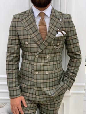 Khaki Slim Fit Double Breasted Plaid Suit