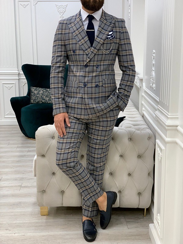Navy Blue Slim Fit Double Breasted Plaid Suit