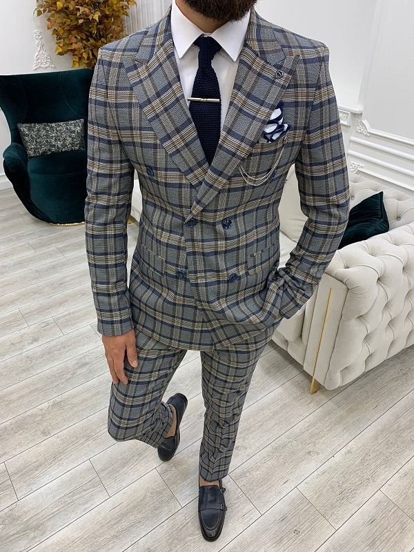 Navy Blue Slim Fit Double Breasted Plaid Suit