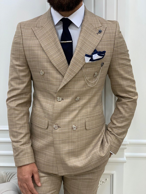 Yellow Slim Fit Double Breasted Striped Suit