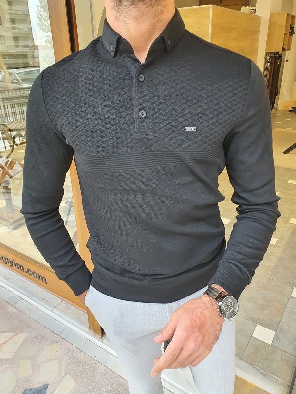 Black Slim Fit Long Sleeve Polo Shirt