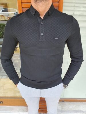 Black Slim Fit Long Sleeve Polo Shirt