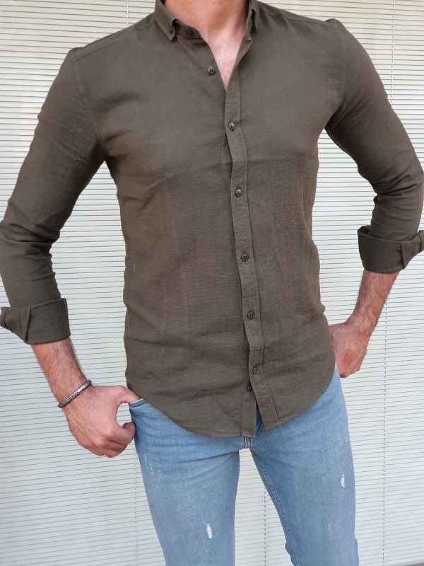 Khaki Slim Fit Long Sleeve Cotton Shirt