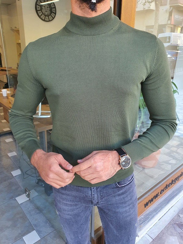 Green Slim Fit Mock Turtleneck Sweater