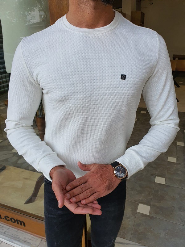White Slim Fit Crew Neck Sweater