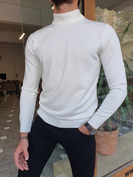 Hunwal White Slim Fit Mock Turtleneck Sweater - Aysotiman