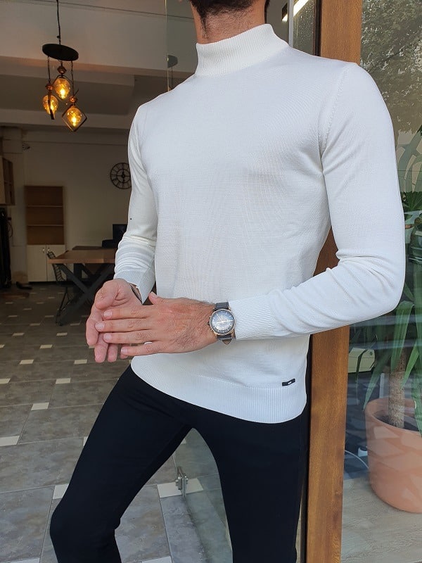 White Slim Fit Mock Turtleneck Sweater