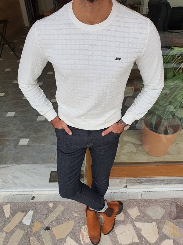White Slim Fit Crew Neck Patterned Sweater