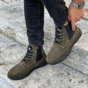Khaki Wing Tip Suede Lace Up Chelsea Boots