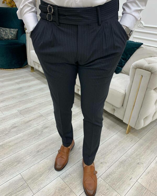 Black Slim Fit Double Buckle Striped Pants