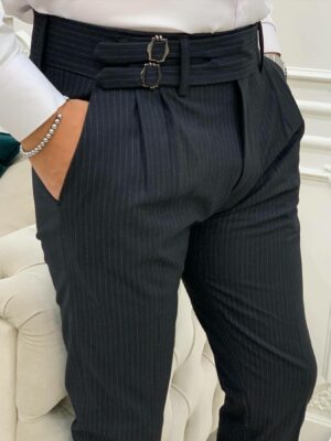 Black Slim Fit Double Buckle Striped Pants