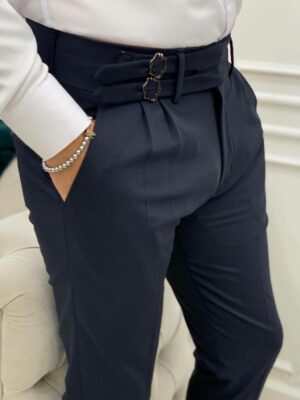 Navy Blue Slim Fit Double Buckle Pants