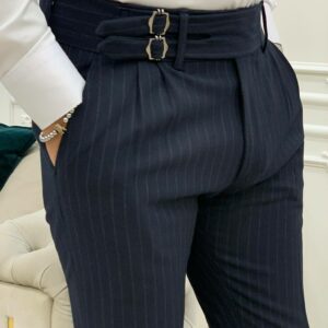 Navy Blue Slim Fit Double Buckle Striped Pants