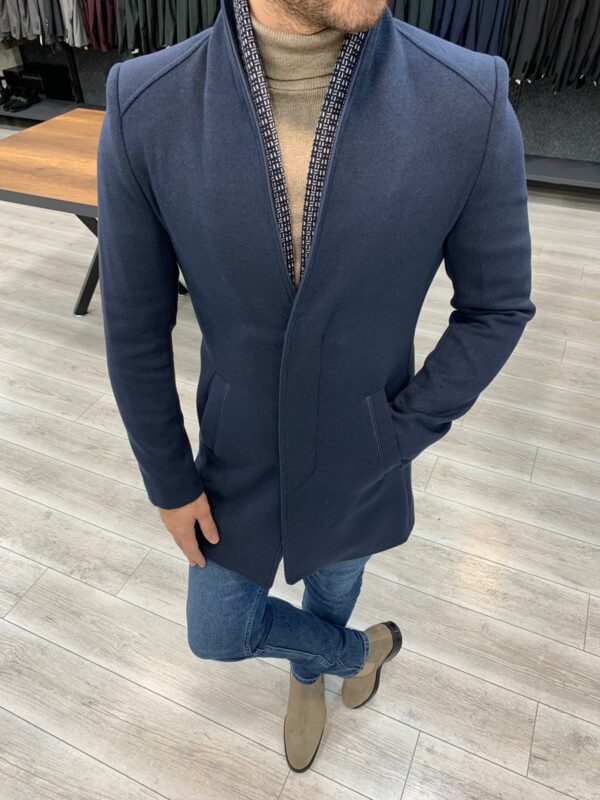 Navy Blue Slim Fit Woolen Coat