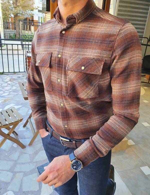 Brown Slim Fit Plaid Lumberjack Shirt