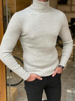 Gray Slim Fit Striped Turtleneck Sweater