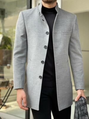 Gray Slim Fit Judge Collar Wool Long Coat