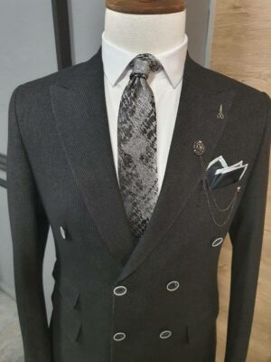 Black Slim Fit Double Breasted Pinstripe Wool Suit