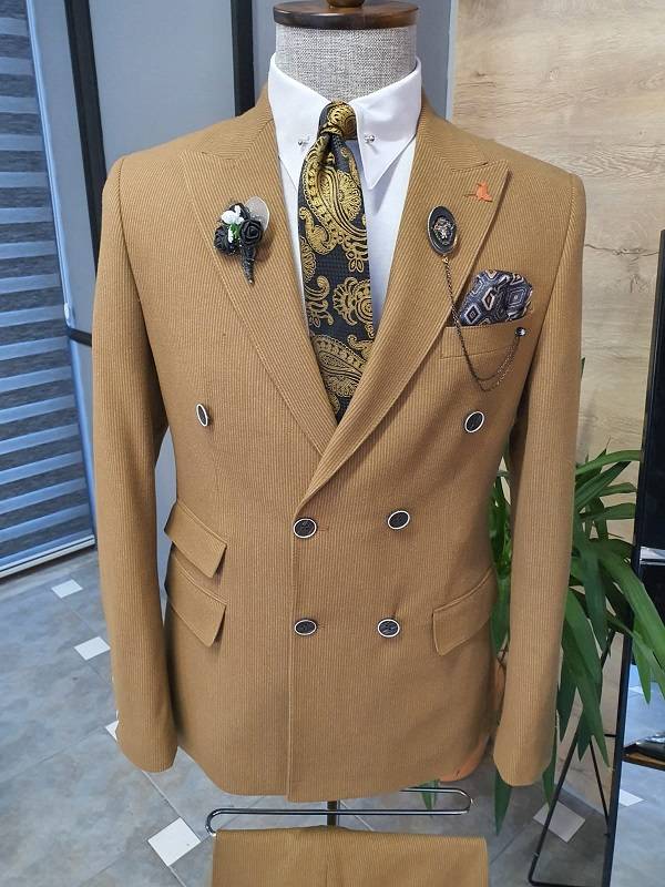 Camel Slim Fit Double Breasted Pinstripe Wool Suit