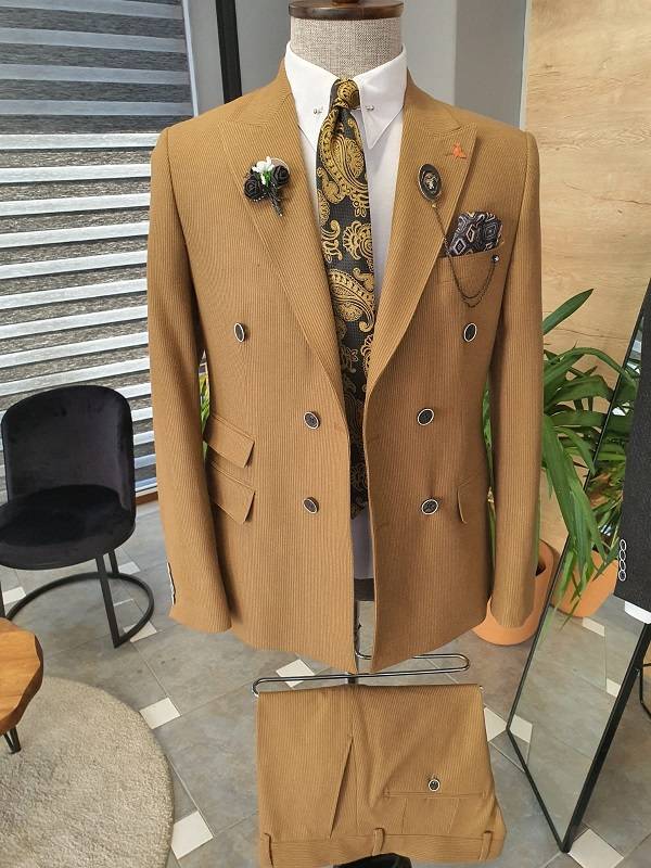 Camel Slim Fit Double Breasted Pinstripe Wool Suit