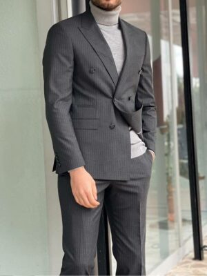 Dark Gray Slim Fit Double Breasted Pinstripe Wool Suit