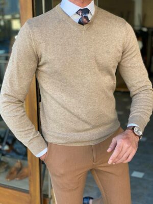 Beige Slim Fit V-Neck Sweater