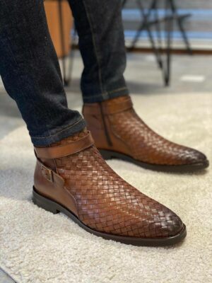 Brown Woven Leather Buckle Chelsea Boots