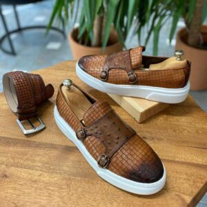 Tan Woven Leather Monk Strap Loafers