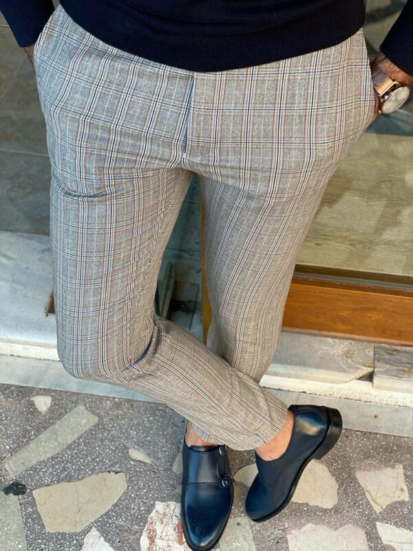 Gray Slim Fit Plaid Pants