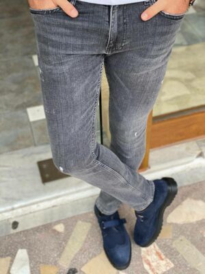 Gray Slim Fit Ripped Jeans