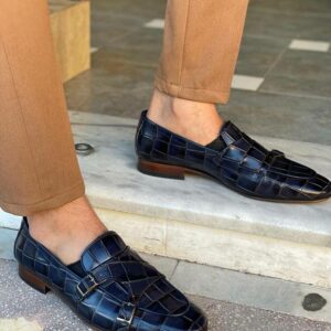 Navy Blue Double Monk Strap Loafers