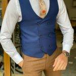 Blue Slim Fit Double Breasted Vest