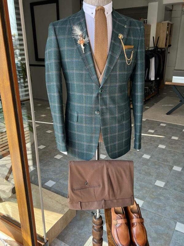 Aysoti Bourcoei Green Slim Fit Peak Lapel Plaid Suit