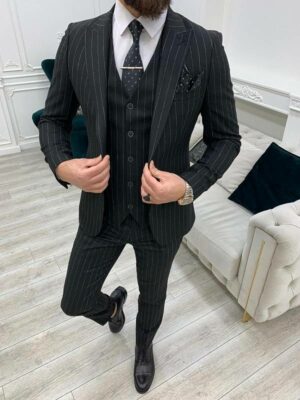 Aysoti Oswildale Black Slim Fit Peak Lapel Pinstripe Suit