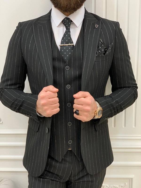 Aysoti Oswildale Black Slim Fit Peak Lapel Pinstripe Suit