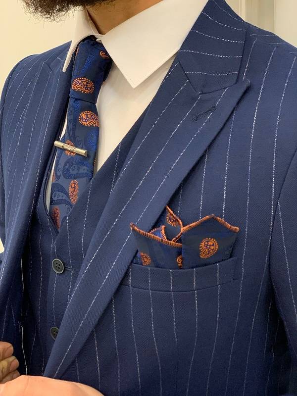 Aysoti Oswildale Blue Slim Fit Peak Lapel Pinstripe Suit