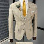 Camel Slim Fit Peak Lapel Plaid Suit