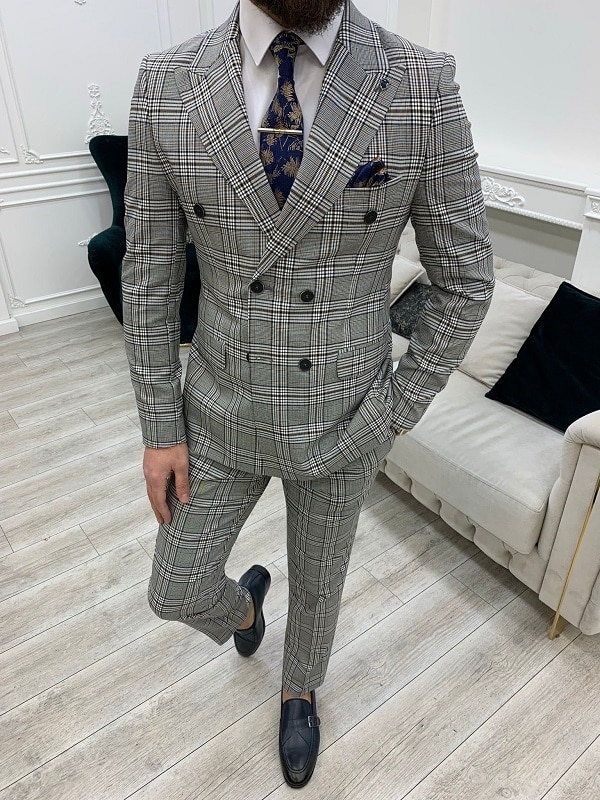 Aysoti Luitsto Brown Gray Slim Fit Double Breasted Plaid Suit