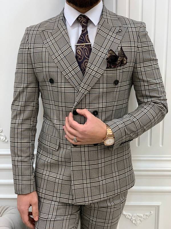 Aysoti Luitsto Coffee Gray Slim Fit Double Breasted Plaid Suit