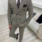 Aysoti Luitsto Coffee Gray Slim Fit Double Breasted Plaid Suit