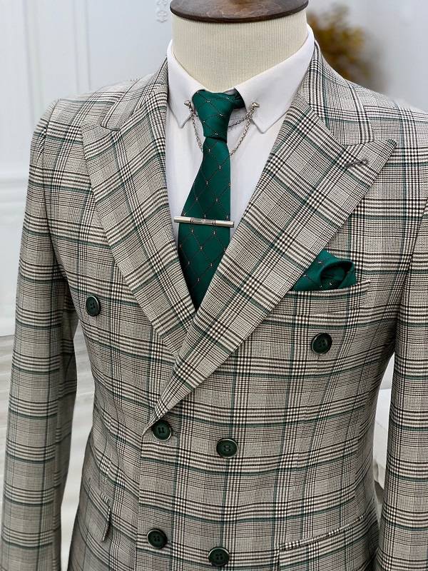 Aysoti Luitsto Green Gray Slim Fit Double Breasted Plaid Suit