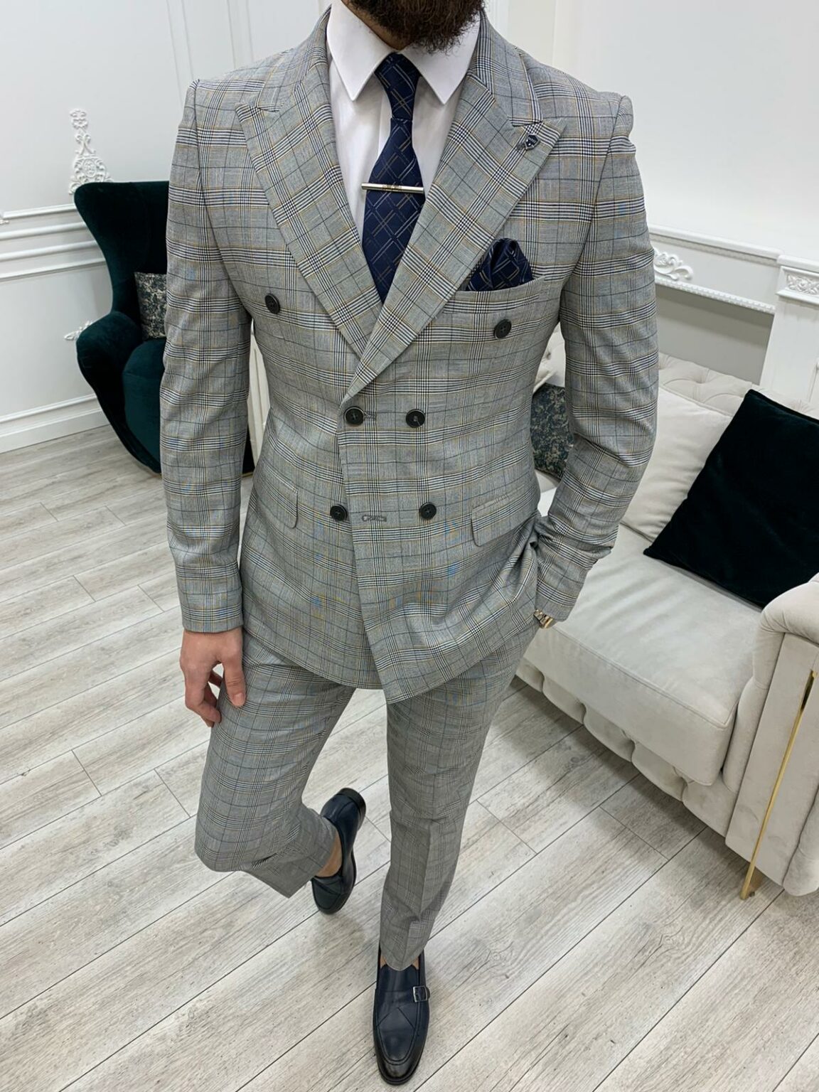 Aysoti Luitsto Yellow Gray Slim Fit Double Breasted Plaid Suit - Aysotiman